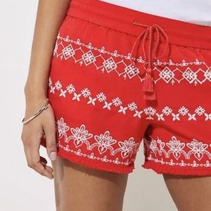 Final ⬇️ Loft XL red embroidered drawstring linen shorts pockets boho